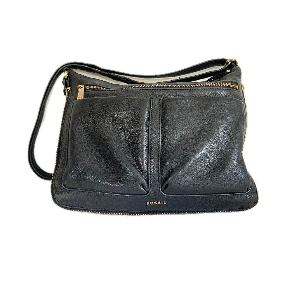 Fossil Piper Black Pebble Leather Expandable Crossbody Bag Pockets Zip Organizer